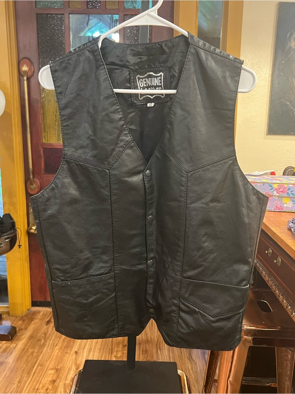 Leather Black Men's Vest - Classic Snap-Front